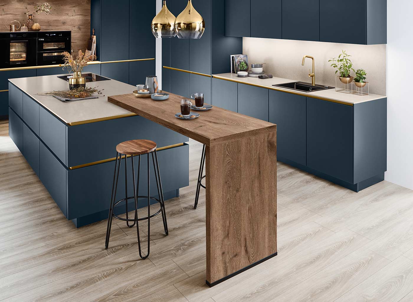 REDDY Küchen Kücheninsel dunkelblau mit Holztresen
