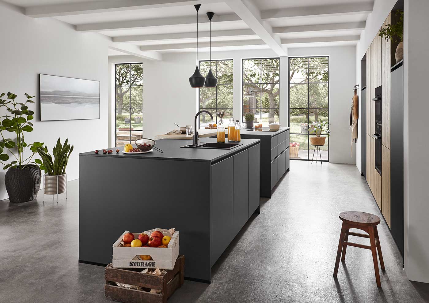 REDDY Küchen Kücheninsel schwarz mit Stein Arbeitsplatte