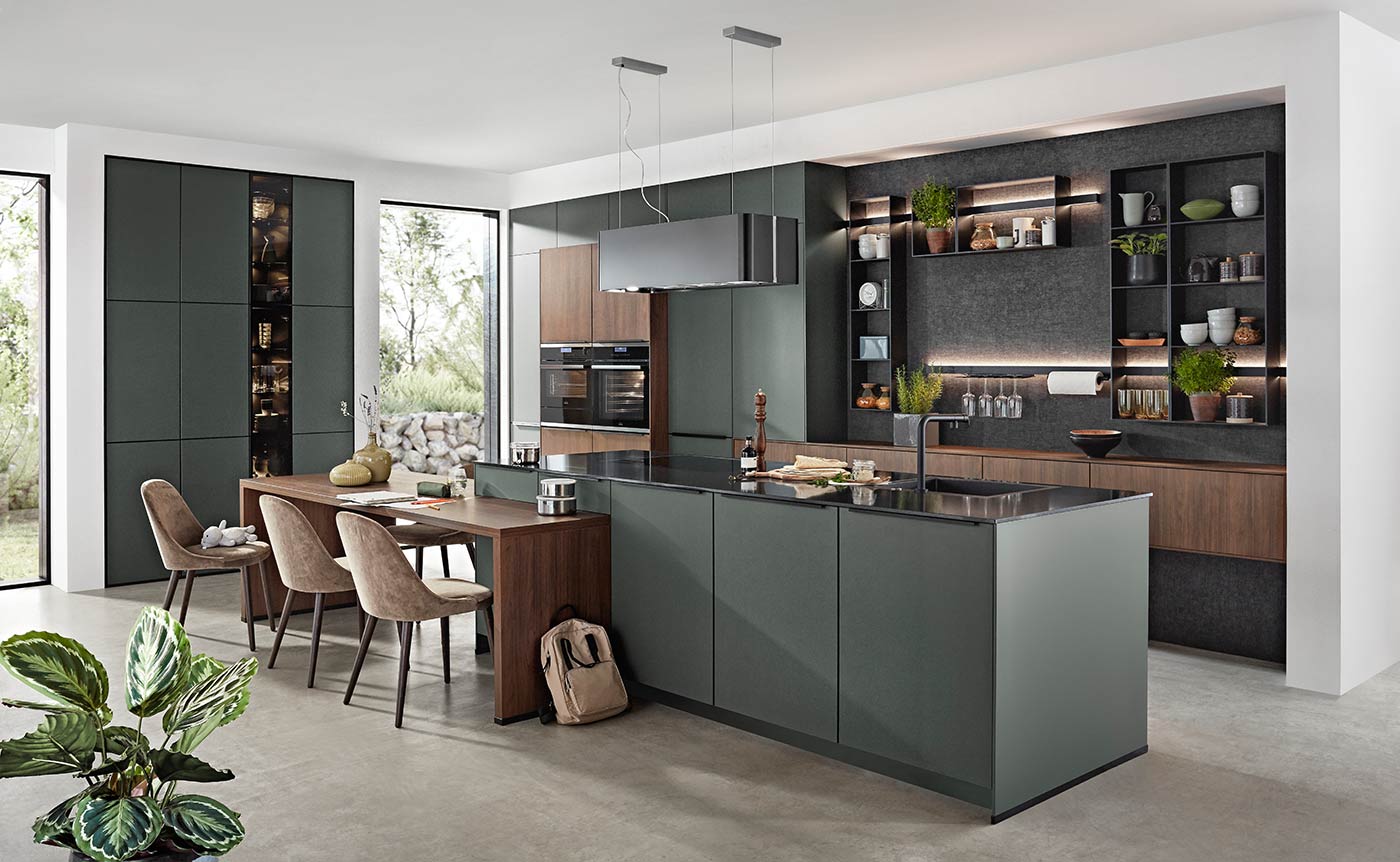 REDDY Küchen moderne dunkelgrüne Küche mit Holz-Nb und Glas
